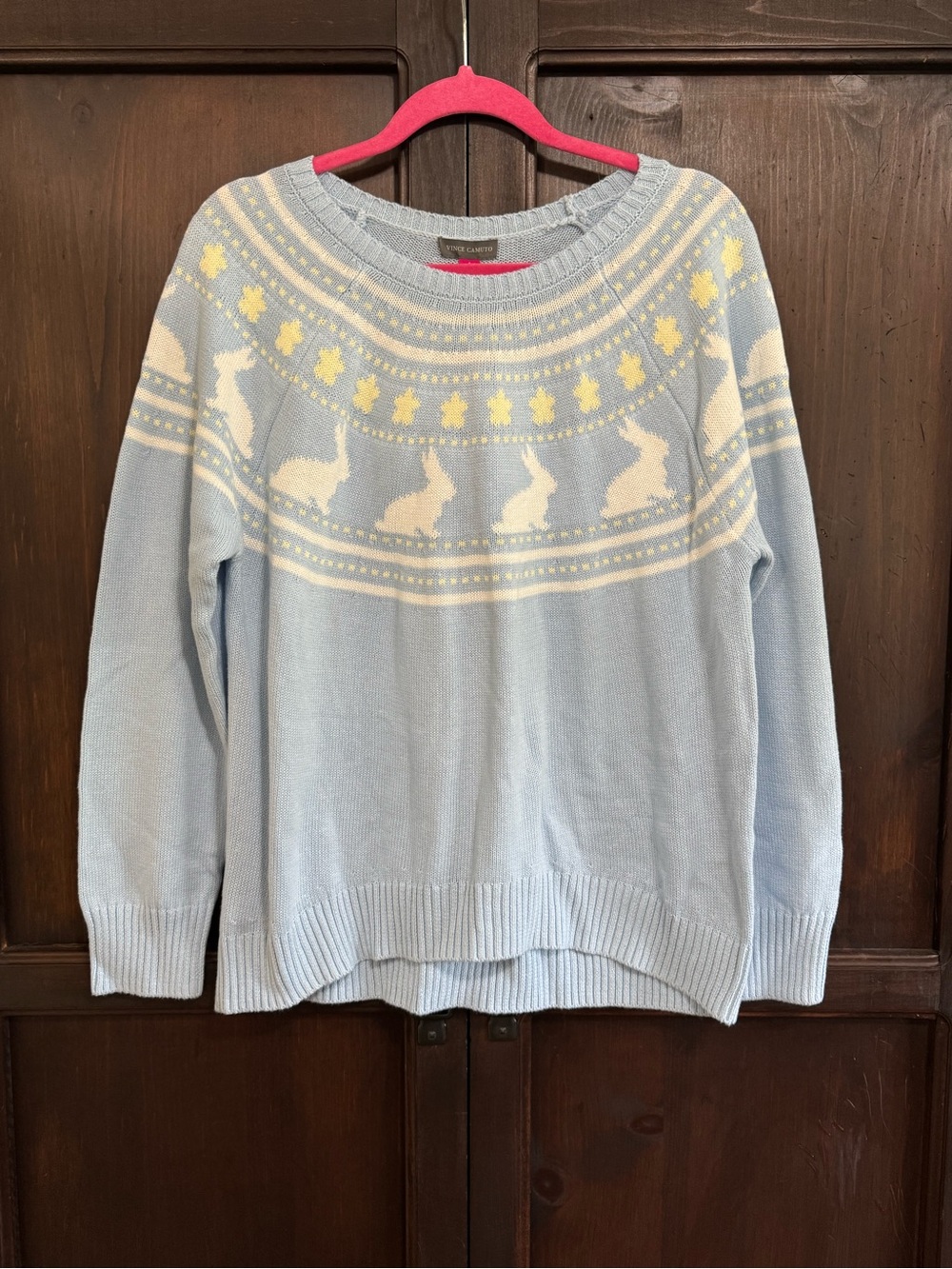 Vince Camuto Bunny Sweater Blue Fair Isle Crewneck size Large NWT